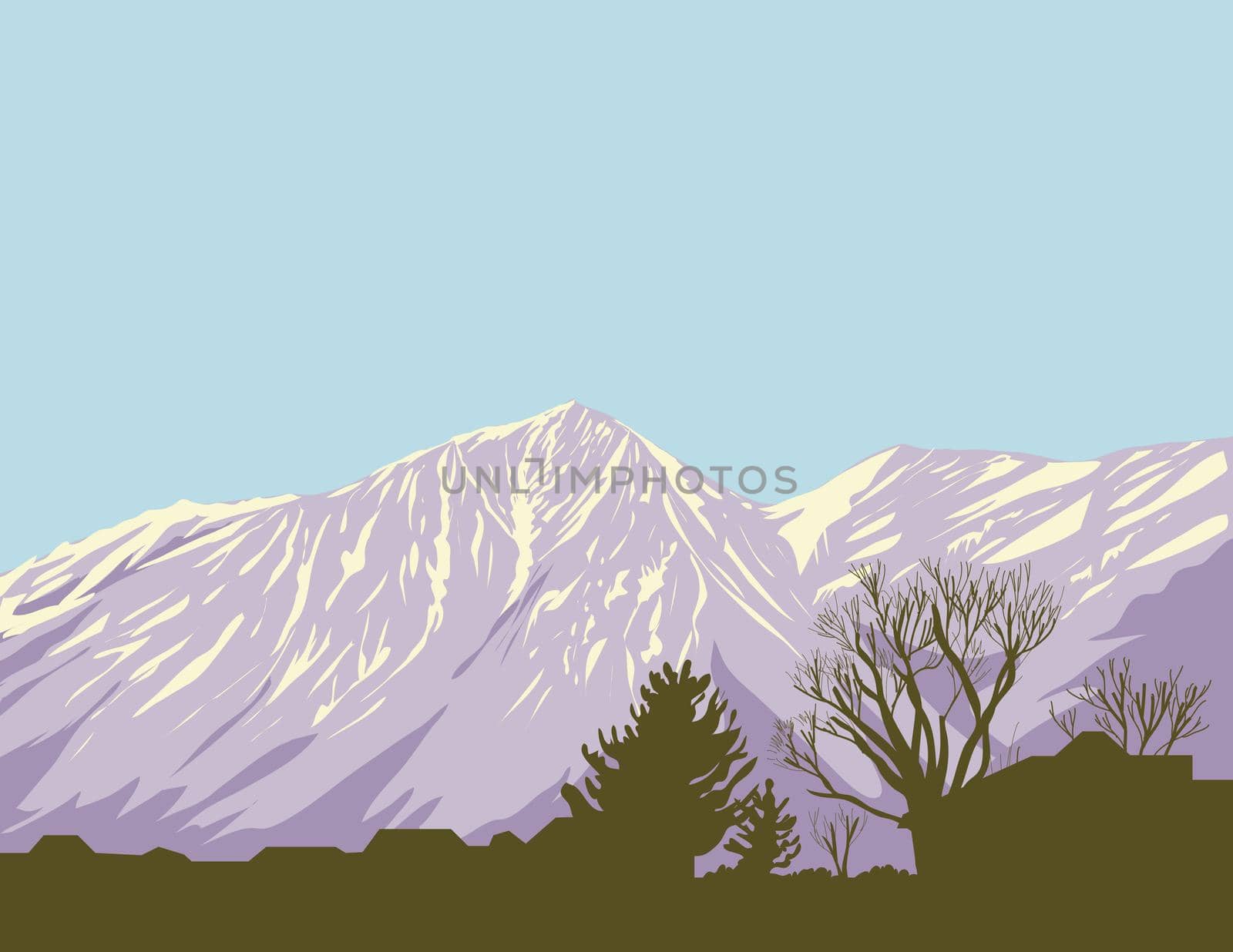 WPA poster art of Monument Peak and East Peak in South Lake Tahoe as viewed from Gardnerville in Douglas County, Nevada, United States USA done in works project administration style.
