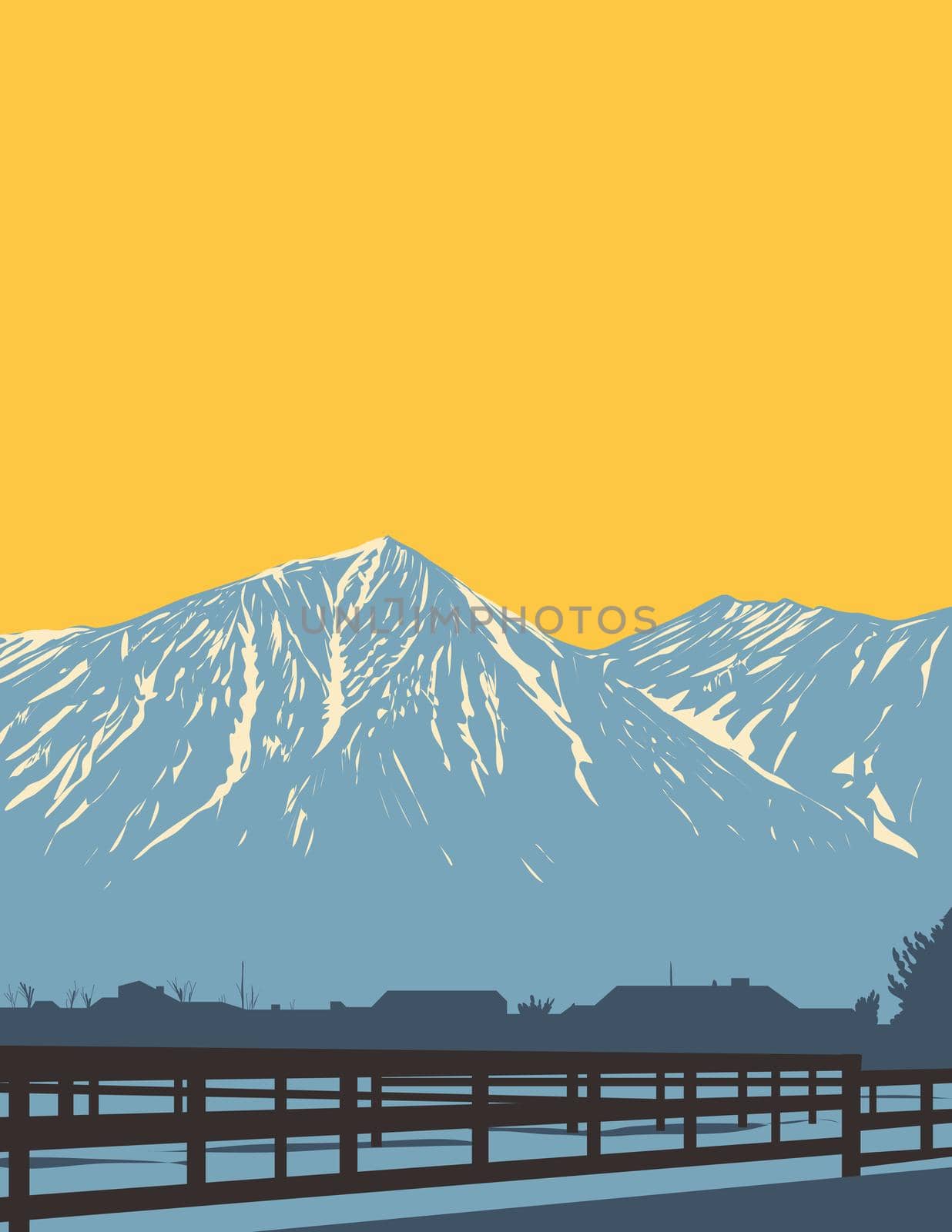 WPA poster art of Monument Peak and East Peak in South Lake Tahoe as viewed from Gardnerville in Douglas County, Nevada, United States USA done in works project administration style.