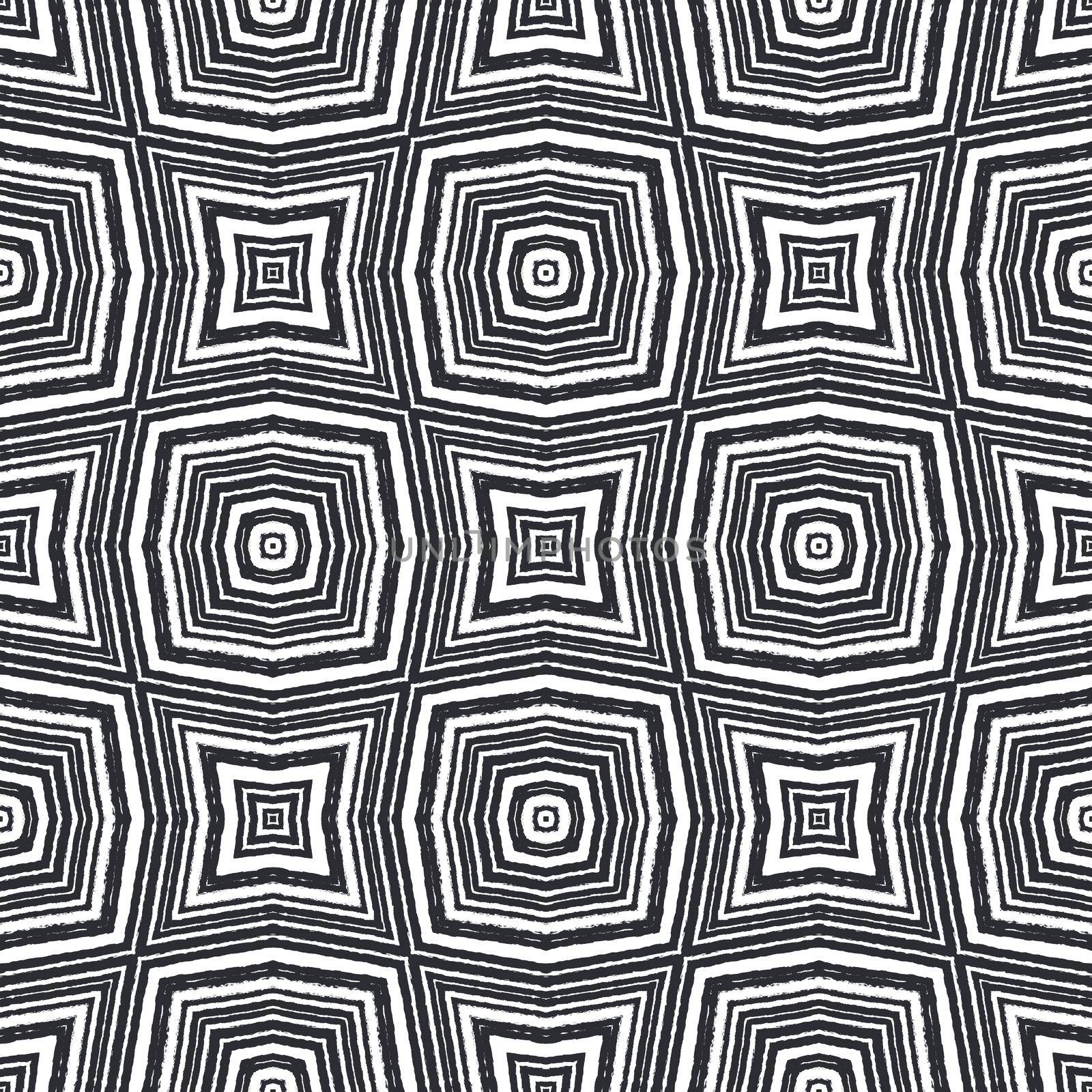 Ikat repeating swimwear design. Black symmetrical kaleidoscope background. Summer ikat sweamwear pattern. Textile ready favorable print, swimwear fabric, wallpaper, wrapping.