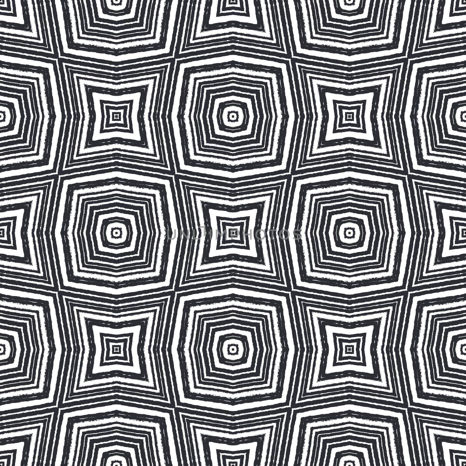 Ikat repeating swimwear design. Black symmetrical kaleidoscope background. Summer ikat sweamwear pattern. Textile ready favorable print, swimwear fabric, wallpaper, wrapping.
