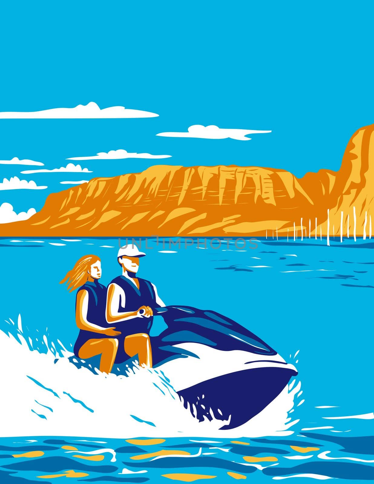 WPA poster art of Cedar Bluff State Park with couple riding jet ski in Cedar Bluff Reservoir in Trego County, Kansas, United States in works project administration style or federal art project style.
