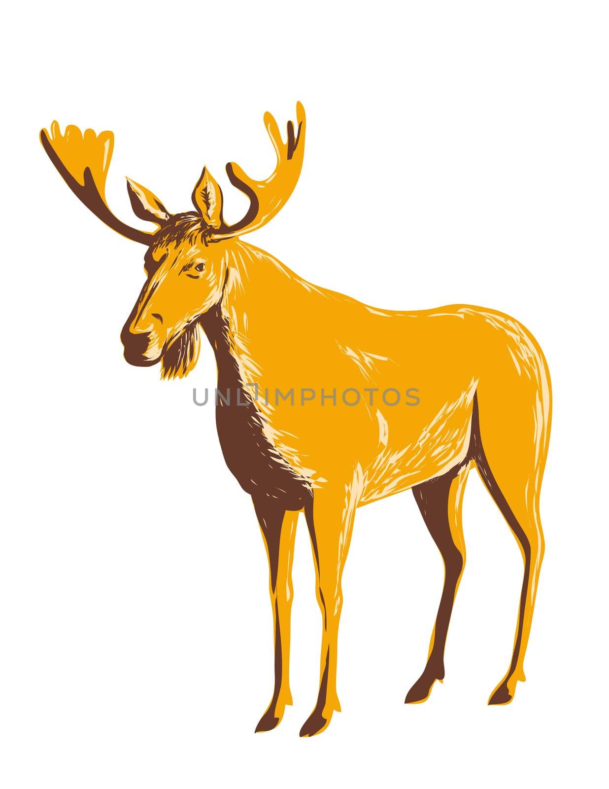 WPA poster art of an adult male moose or elk viewed from the side on isolated white background done in works project administration style or federal art project style.