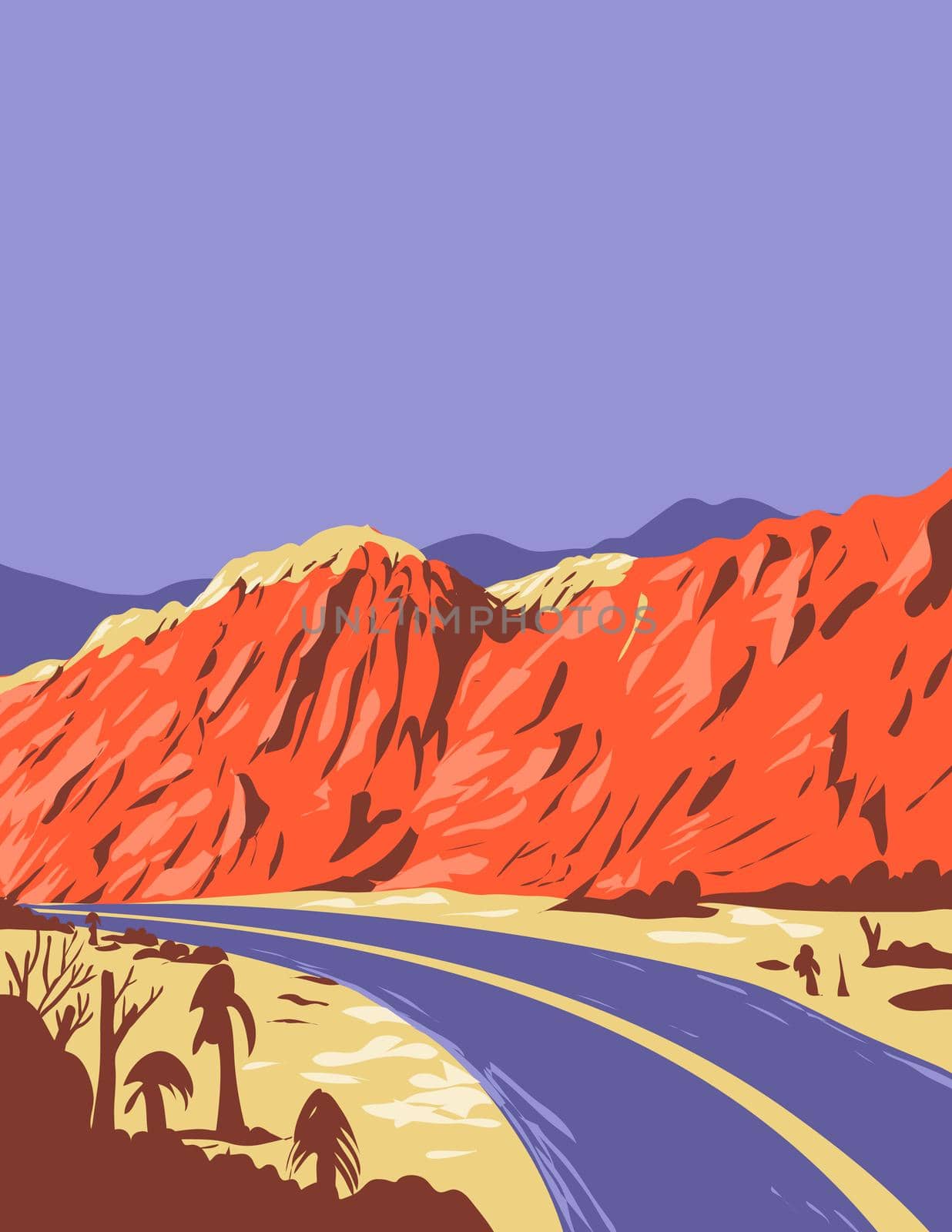 WPA poster art of Red Rock Canyon National Conservation Area in the Mojave Desert with red sandstone peaks and the Keystone Thrust Fault in Nevada USA done in works project administration style.