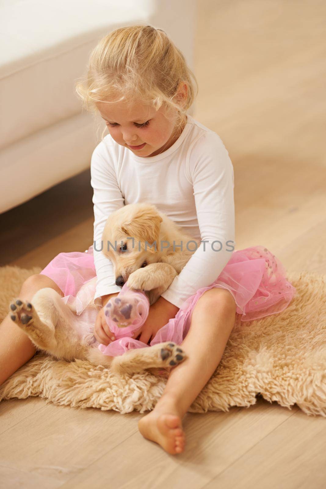 Dont fuss - let me put the tutu on you. a little girl in a tutu playing with a puppy. by YuriArcurs