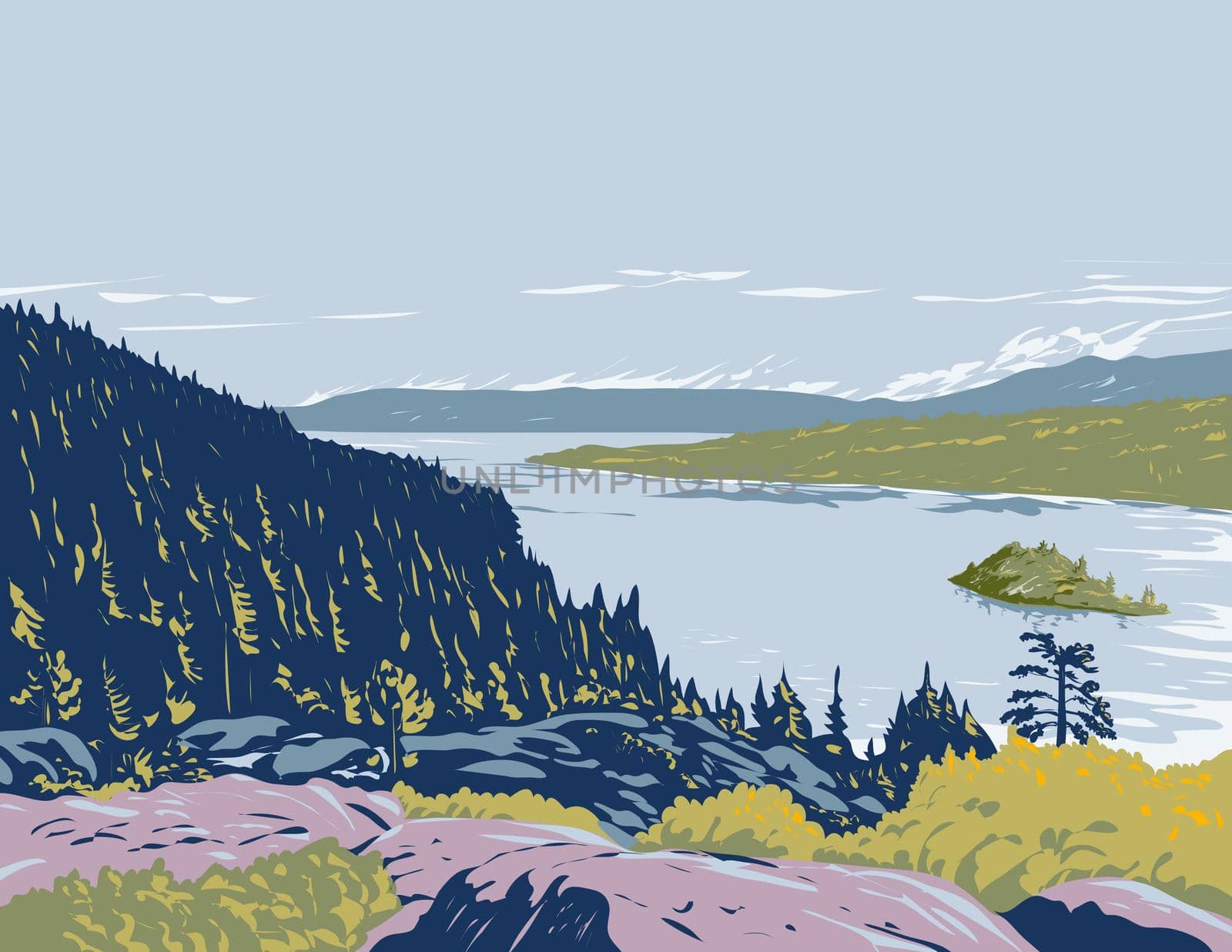 Fannette Island in Lake Tahoe within Emerald Bay State Park California WPA Poster Art by patrimonio