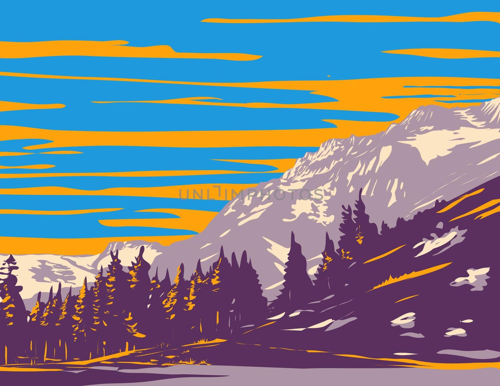 WPA poster art of Phipps Peak in the Sierra Nevada west of Emerald Bay and Lake Tahoe in El Dorado County and the Desolation Wilderness, California, USA done in works project administration style.