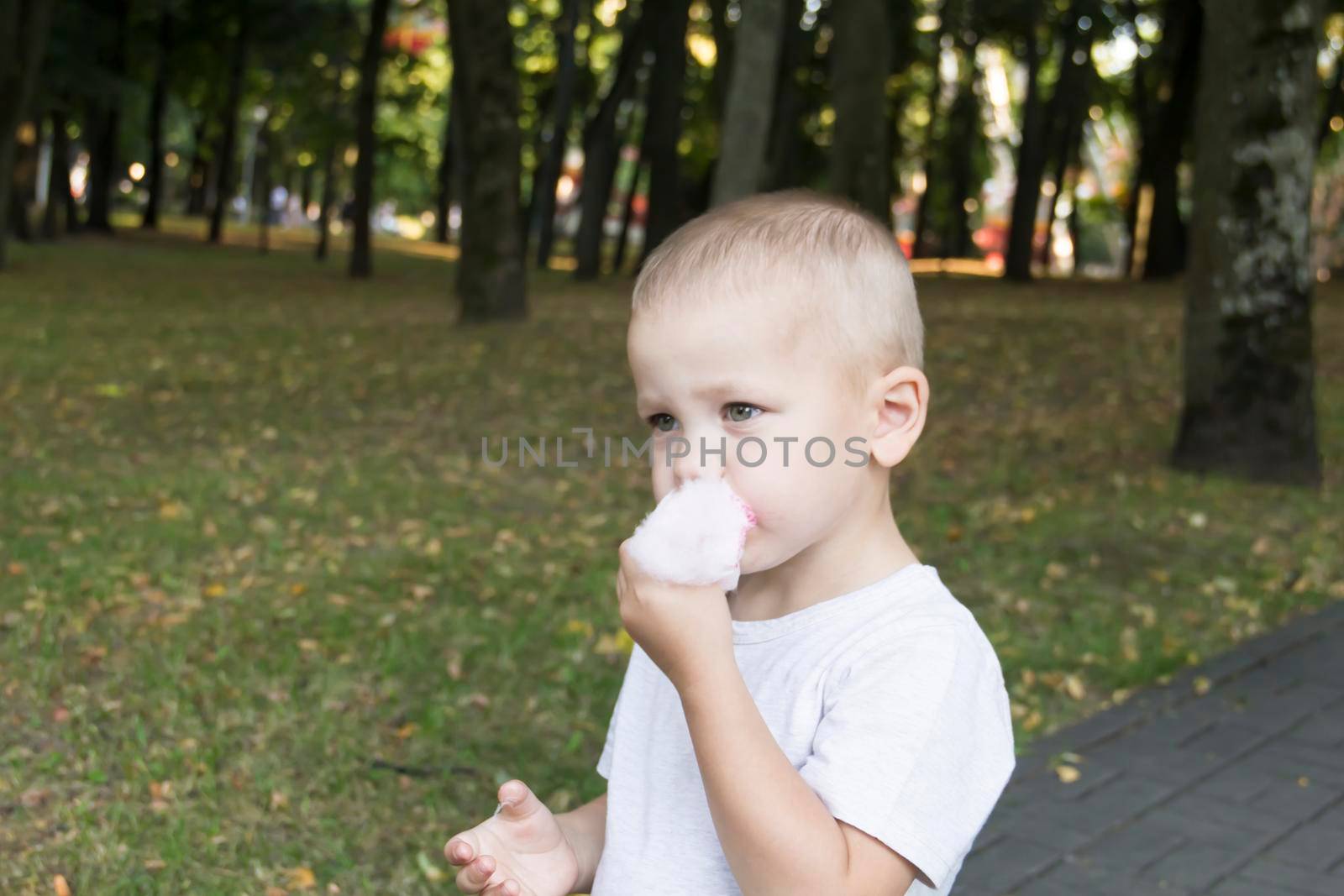 A small child eats pink cotton candy in an amusement park