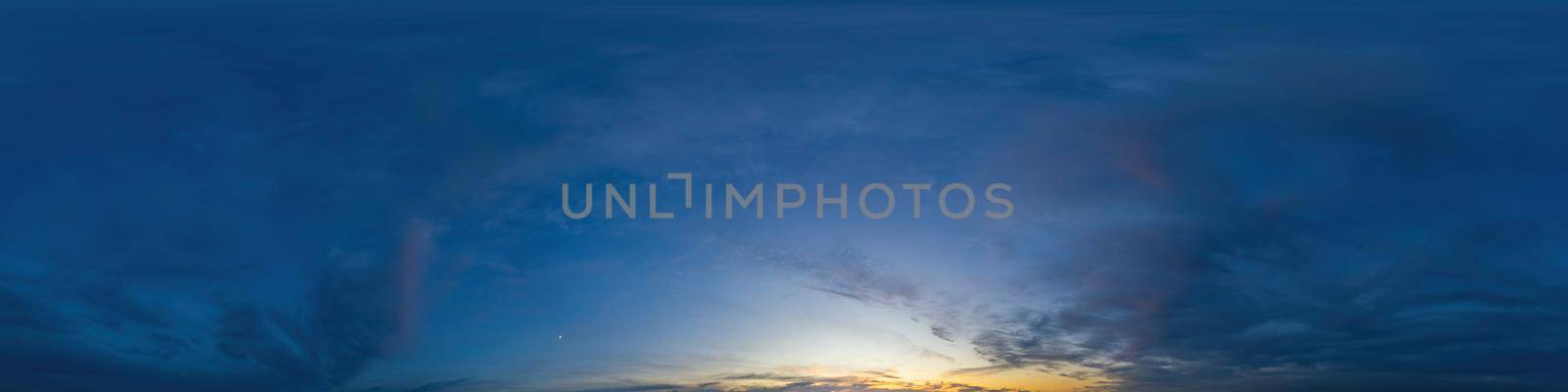 Dark blue twilight sky panorama with Cumulus clouds. Seamless hdr 360 panorama in spherical equiangular format. Full zenith or sky dome for 3D visualization, sky replacement for aerial drone panoramas