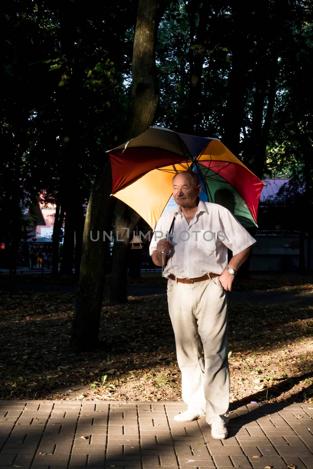 An elderly man stands under a large, multicolored umbrella. A pensioner on a walk in the park.