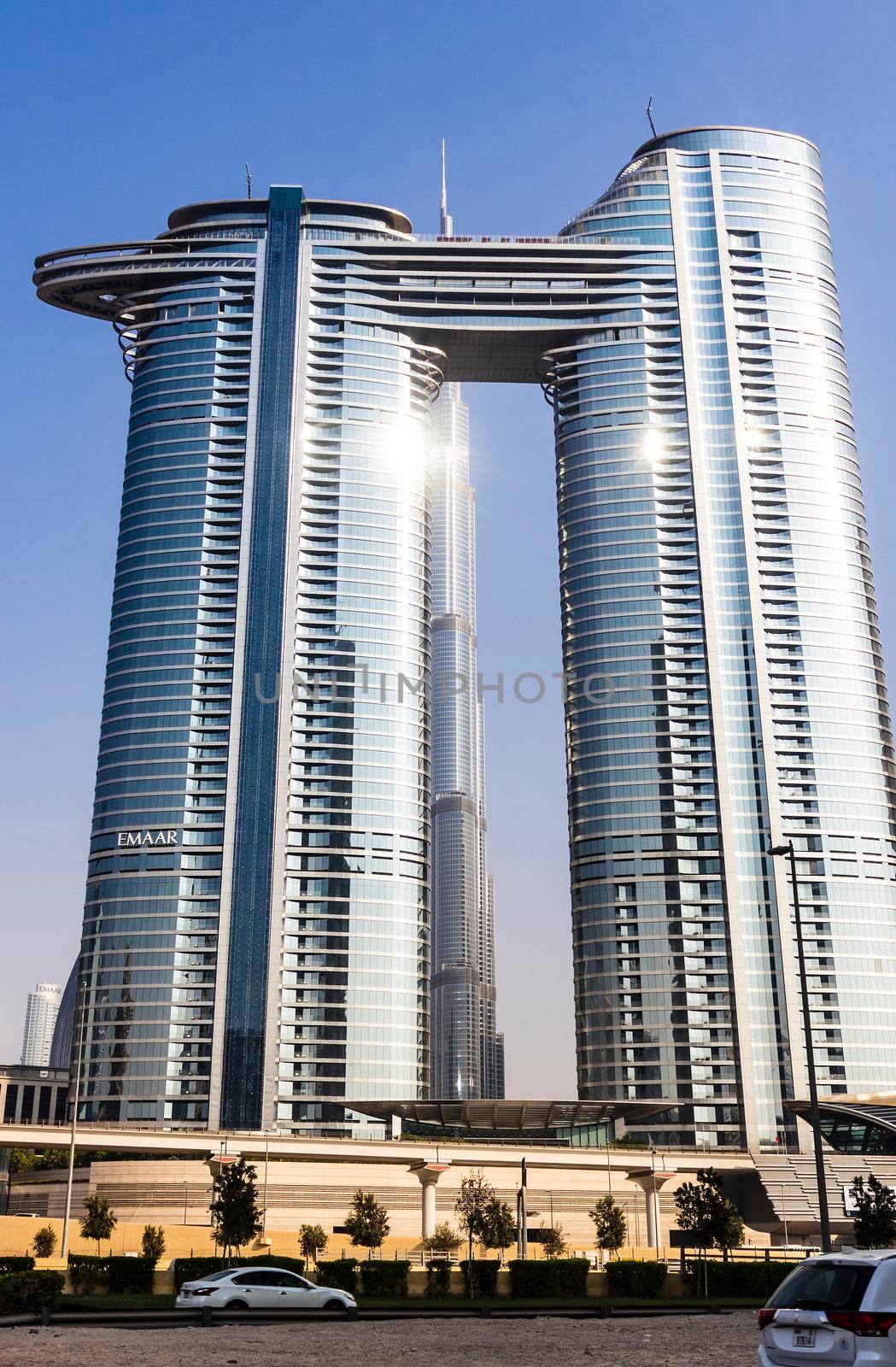 Dubai, UAE - 08.16.2021 - Burj Khalifa and Address Sky View hotel