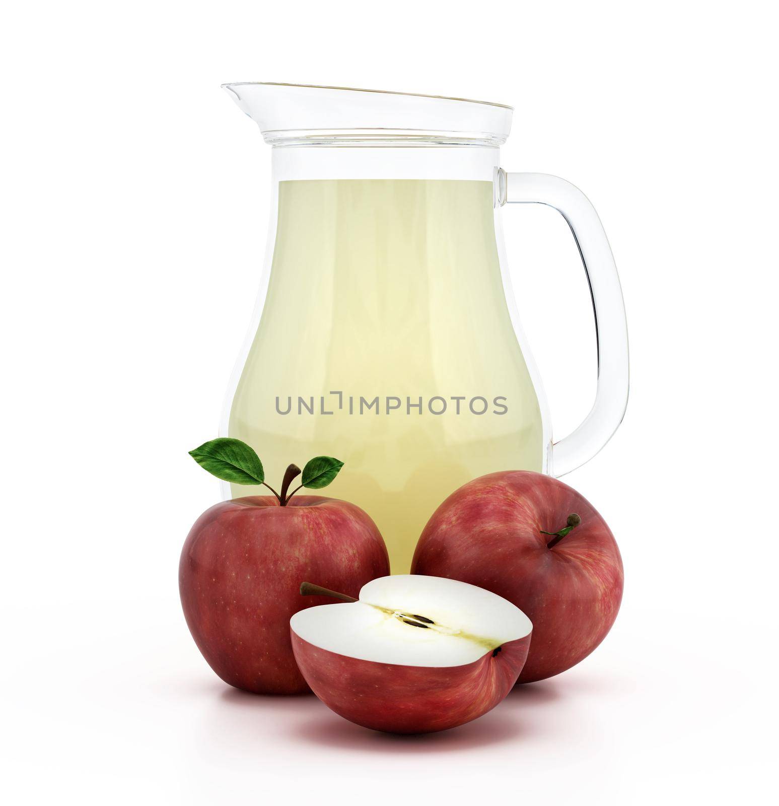 Fresh red apples and apple juice inside glass jug isolated on white background. 3D illustration.