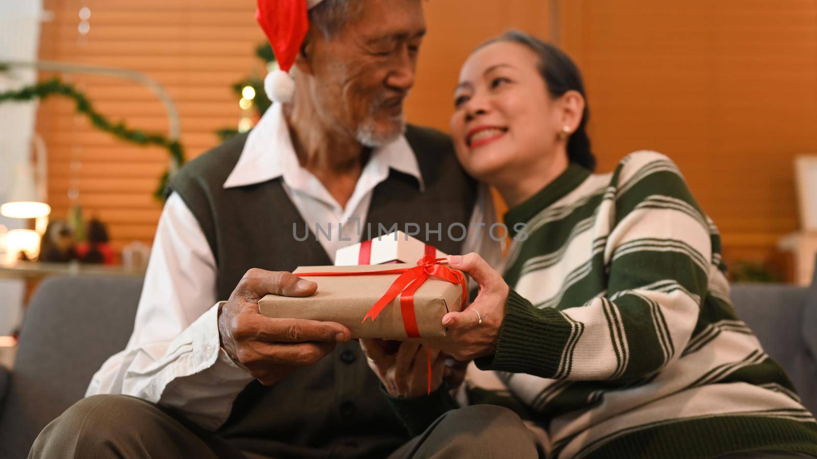 Happy senior couple celebrating Christmas together at home lighted with soft lights and candles. Holidays and people concept.