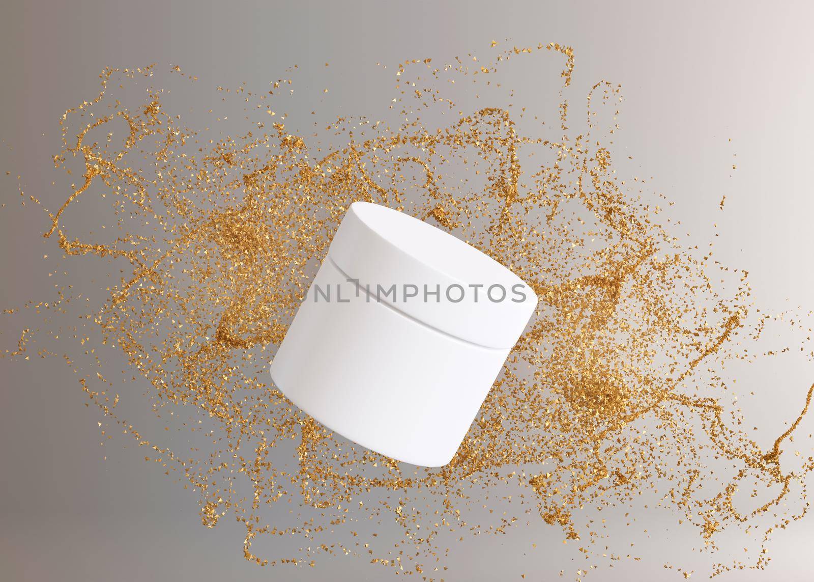 White and blank, unbranded cosmetic cream jar with flying small golden glitter, particles. Skin care product presentation. Luxury mock up. Skincare, beauty and spa. Jar with copy space. 3D rendering. by creativebird