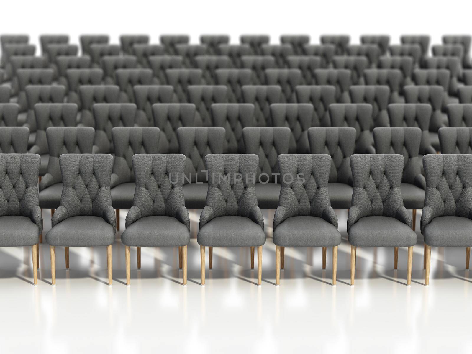 Rows of gray fabric chairs with wooden legs. 3D illustration by Simsek