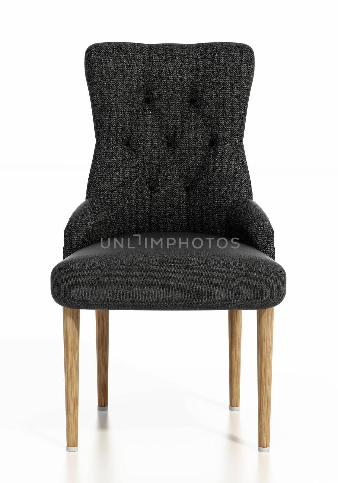 Siena gray fabric chair with wooden legs isolated on white background. 3D illustration by Simsek