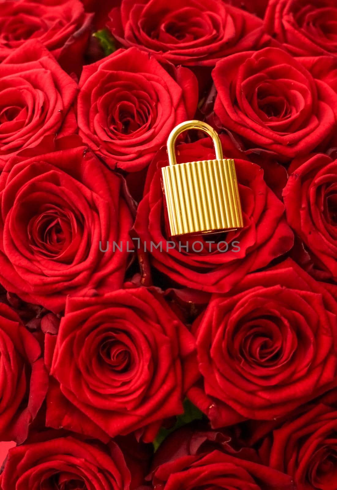 Love lock for Valentines Day card, golden padlock and luxury bouquet of roses on red background by Anneleven