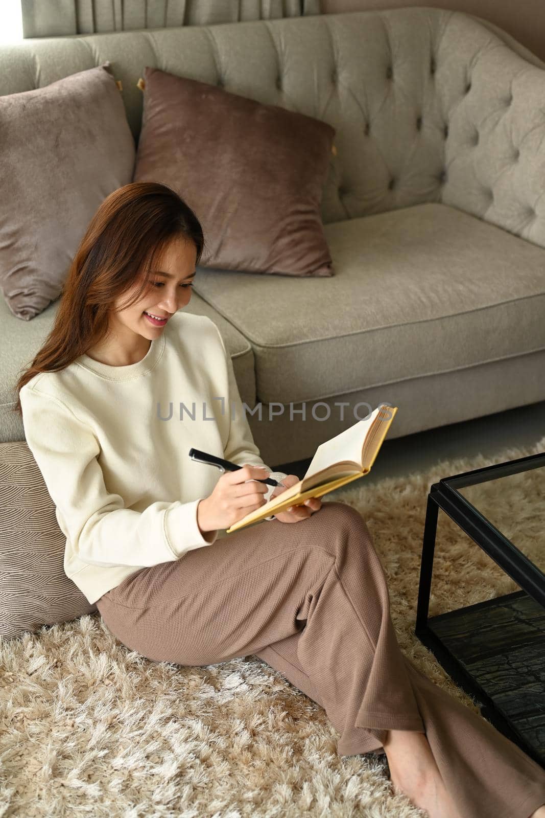 Pleasant young woman resting in cozy home and writing her diary. Leisure activity, positive mood concept.