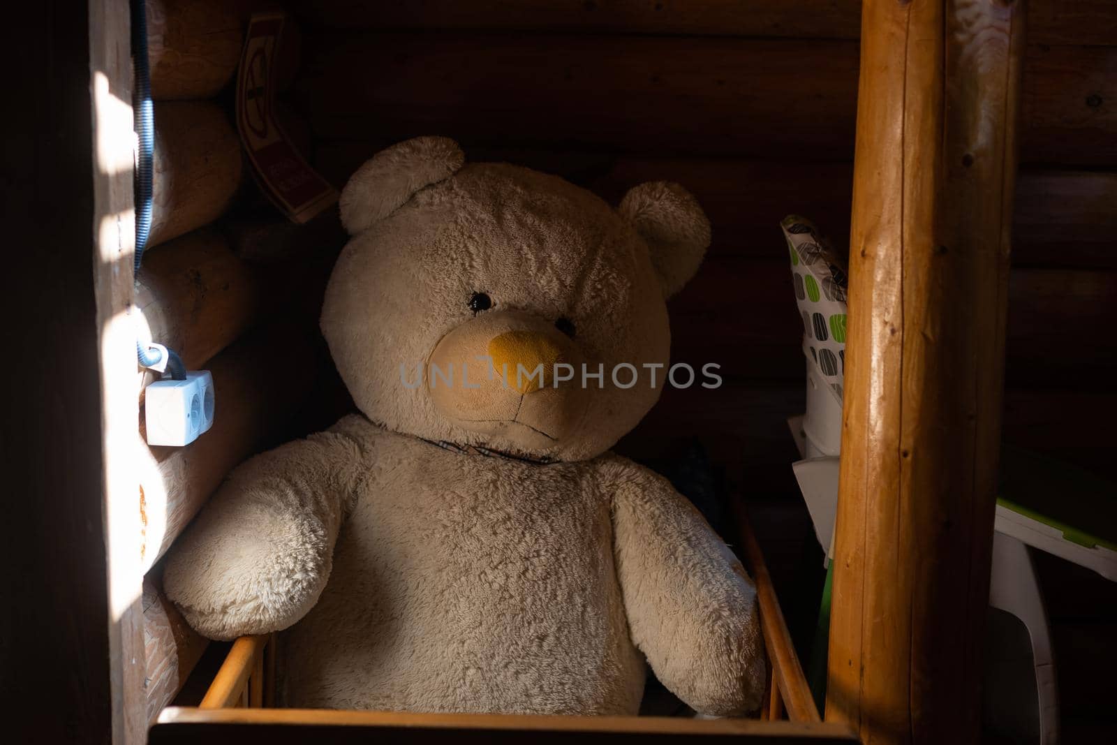 Cute teddy bear on old wood background with copy space by Andelov13