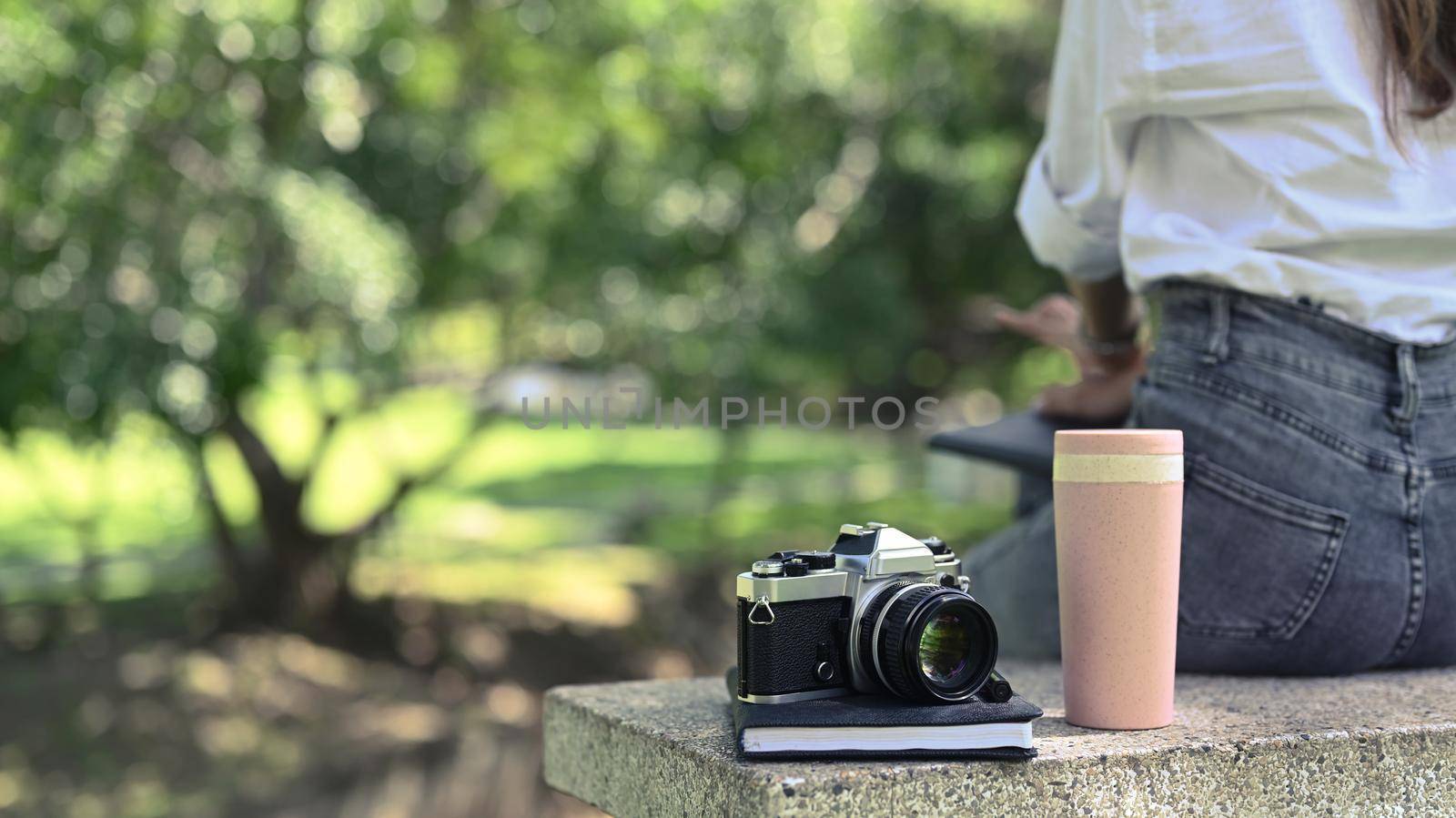Retro camera, coffee cup and book on bench in nature park.
