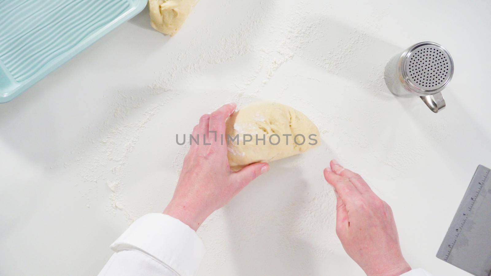 Flat lay. Baking homemade dinner rolls with sourdough starter