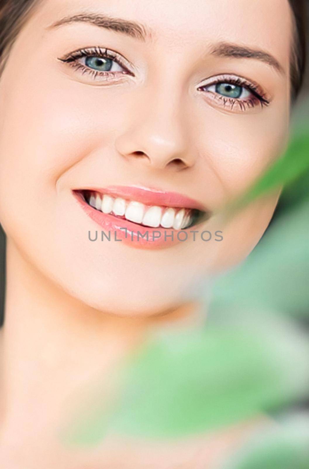 Natural beauty, perfect white teeth and healthy smile, beautiful woman in nature for skincare cosmetics and dental care by Anneleven