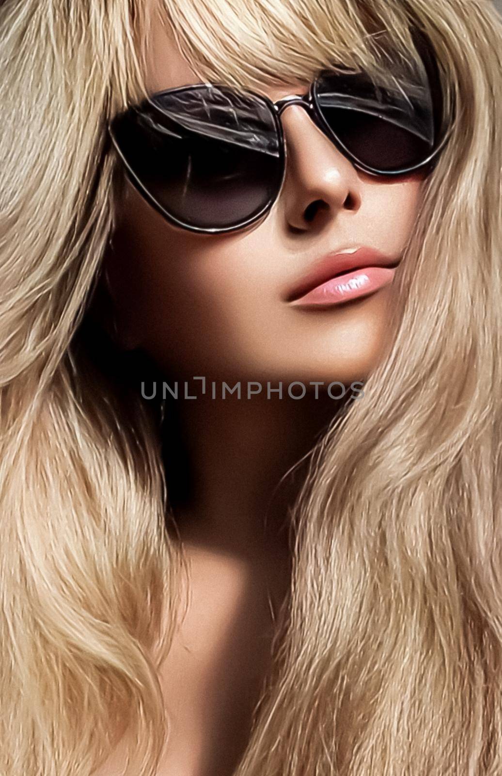 Luxury fashion, blonde hairstyle and accessories, beauty face portrait of a woman with long blond hair, wearing chic sunglasses, glamour style by Anneleven