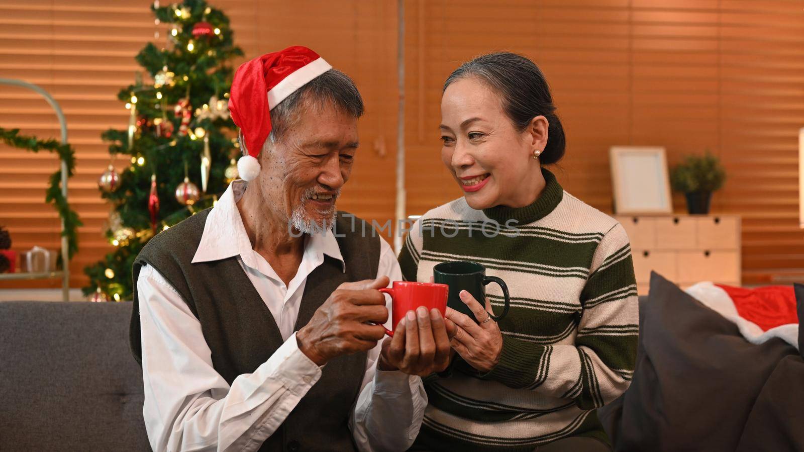 Happy senior couple celebrating Christmas together at home lighted with soft lights and candles. Holidays and people concept.