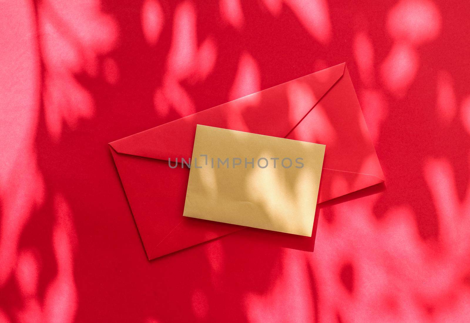 Beauty brand identity as flatlay mockup design, business card and letter for online luxury branding on red shadow background by Anneleven