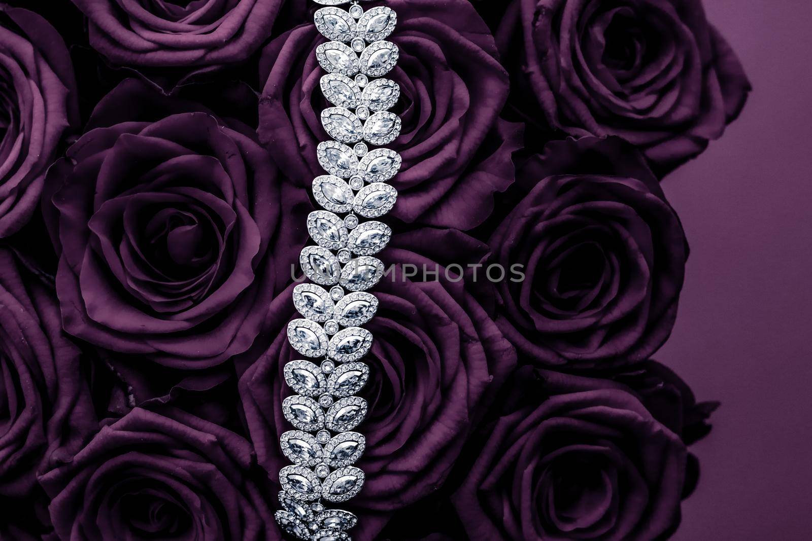 Luxe branding, glamour fashion and boutique shopping concept - Luxury diamond jewelry bracelet and purple roses flowers, love gift on Valentines Day and jewellery brand holiday background design