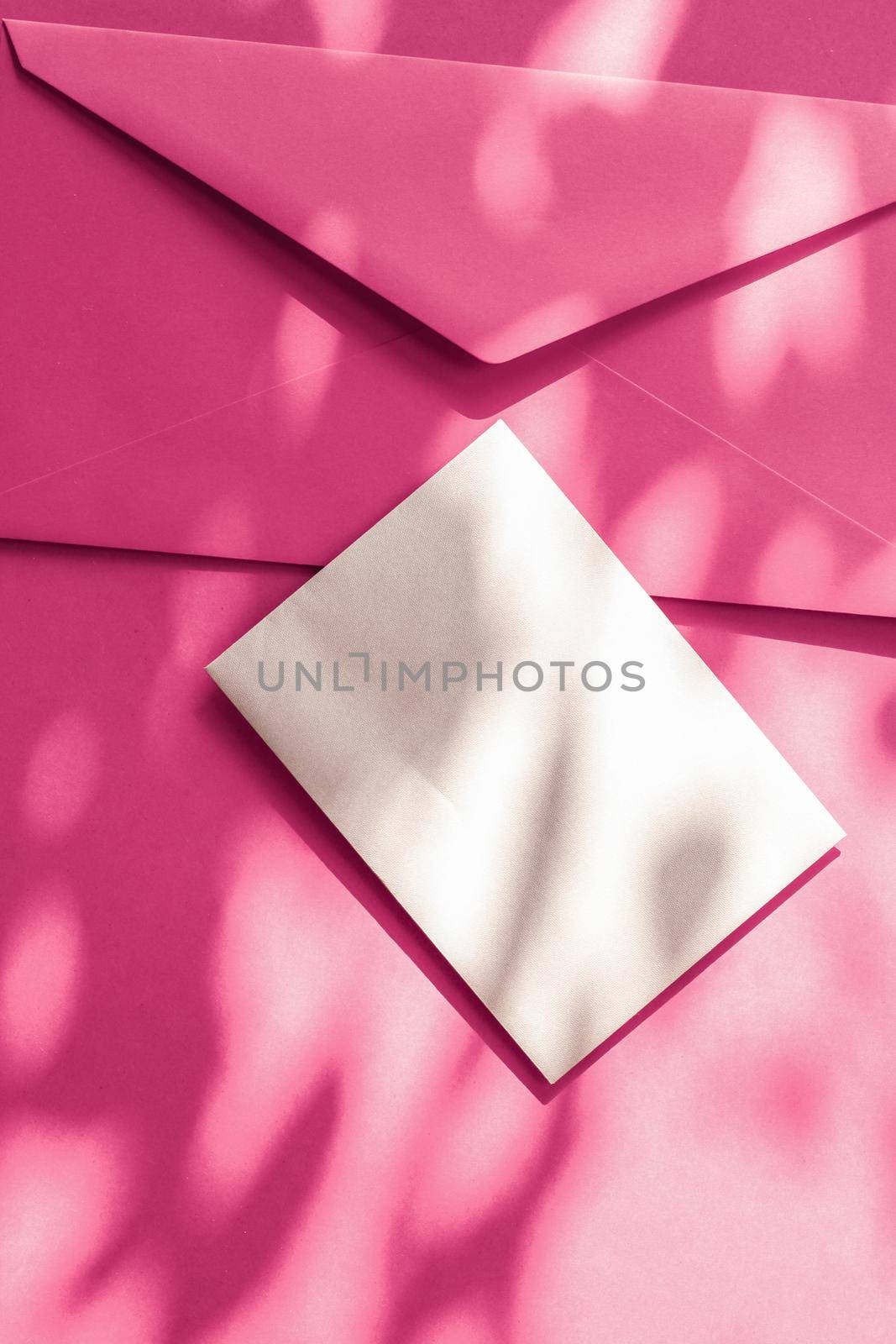 Beauty brand identity as flatlay mockup design, business card and letter for online luxury branding on pink shadow background by Anneleven
