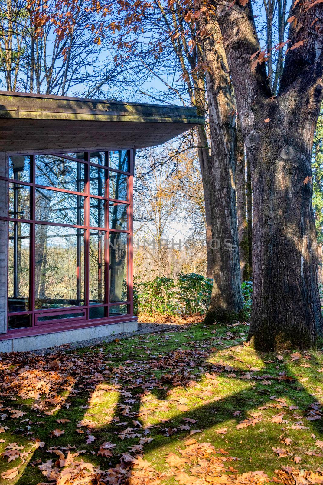 Glass covered patio on autumn season sunlight.