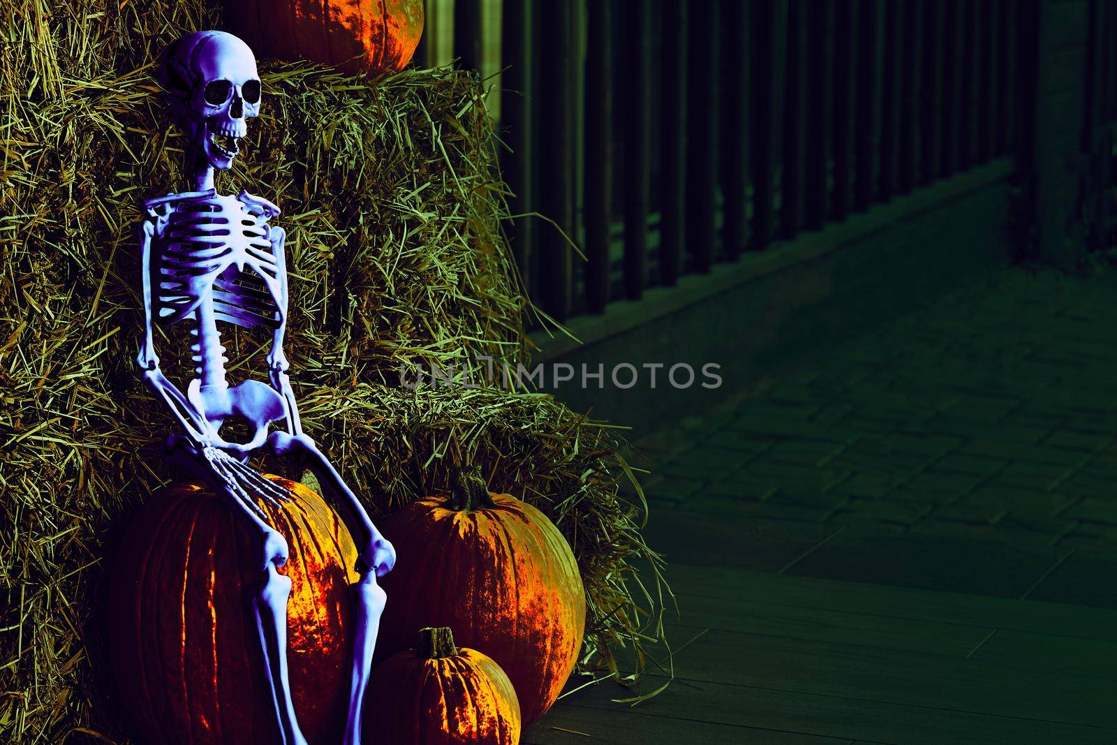 the night of October 31, the eve of All Saints' Day, commonly celebrated by children who dress in costume. Blue silver Halloween skeleton on dark room and orange pumpkins, place for text