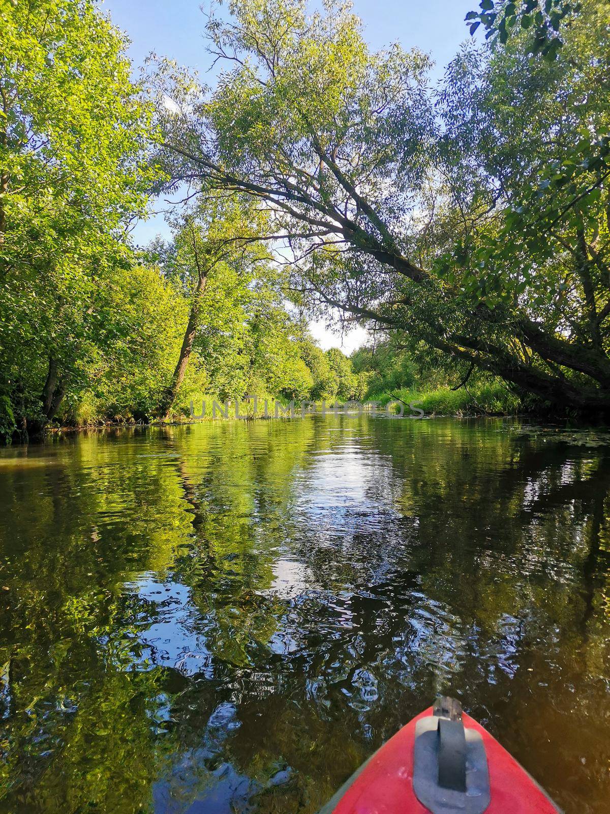 Kayaking on the river. Picturesque view of the banks overgrown with grass and trees. The nose of kayak. Rafting