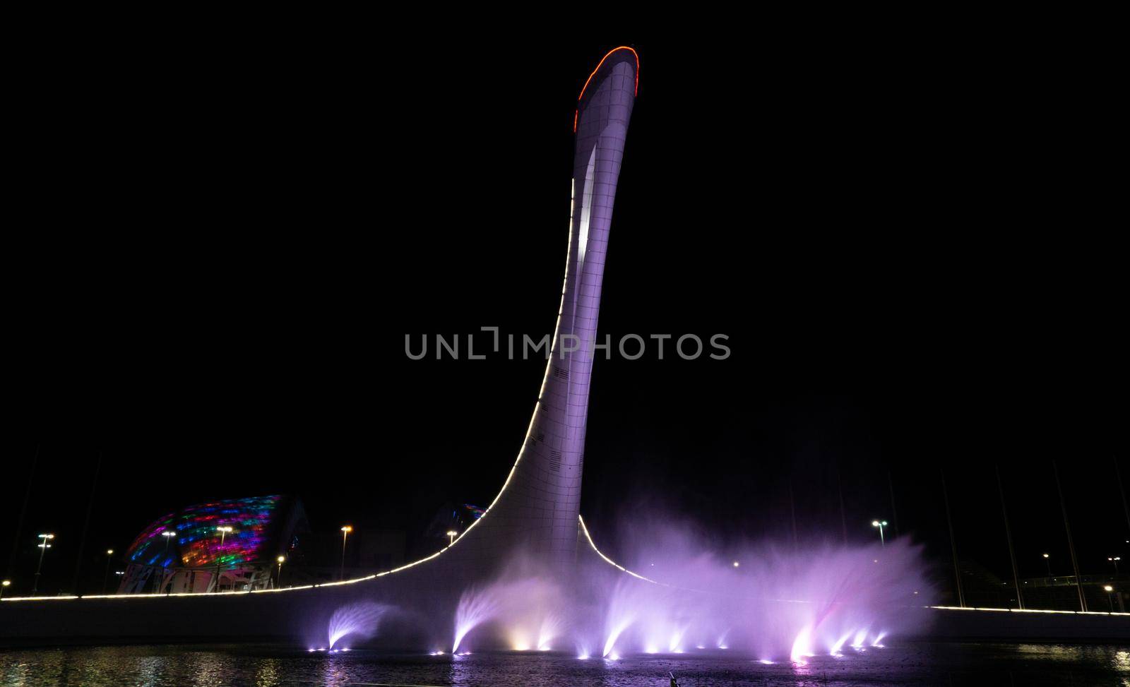 SOCHI, RUSSIA - JUNE, 05, 2021: The Waters of the Sochi Park, Water night show accompanied by classical music.
