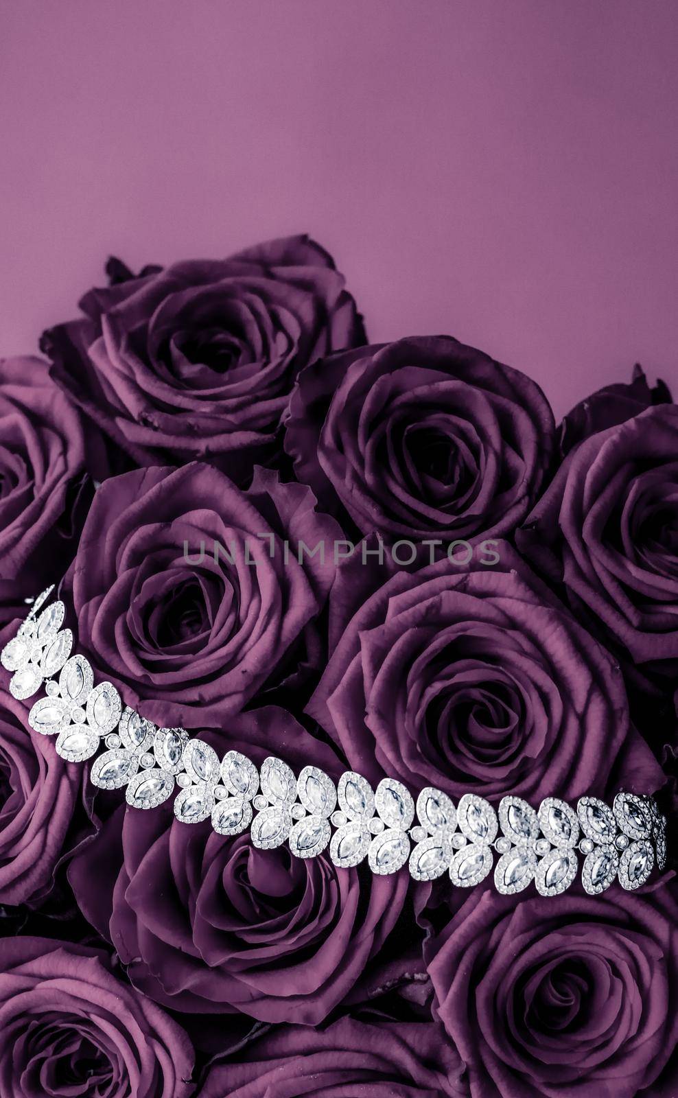 Luxury diamond jewelry bracelet and purple roses flowers, love gift on Valentines Day and jewellery brand holiday background design by Anneleven