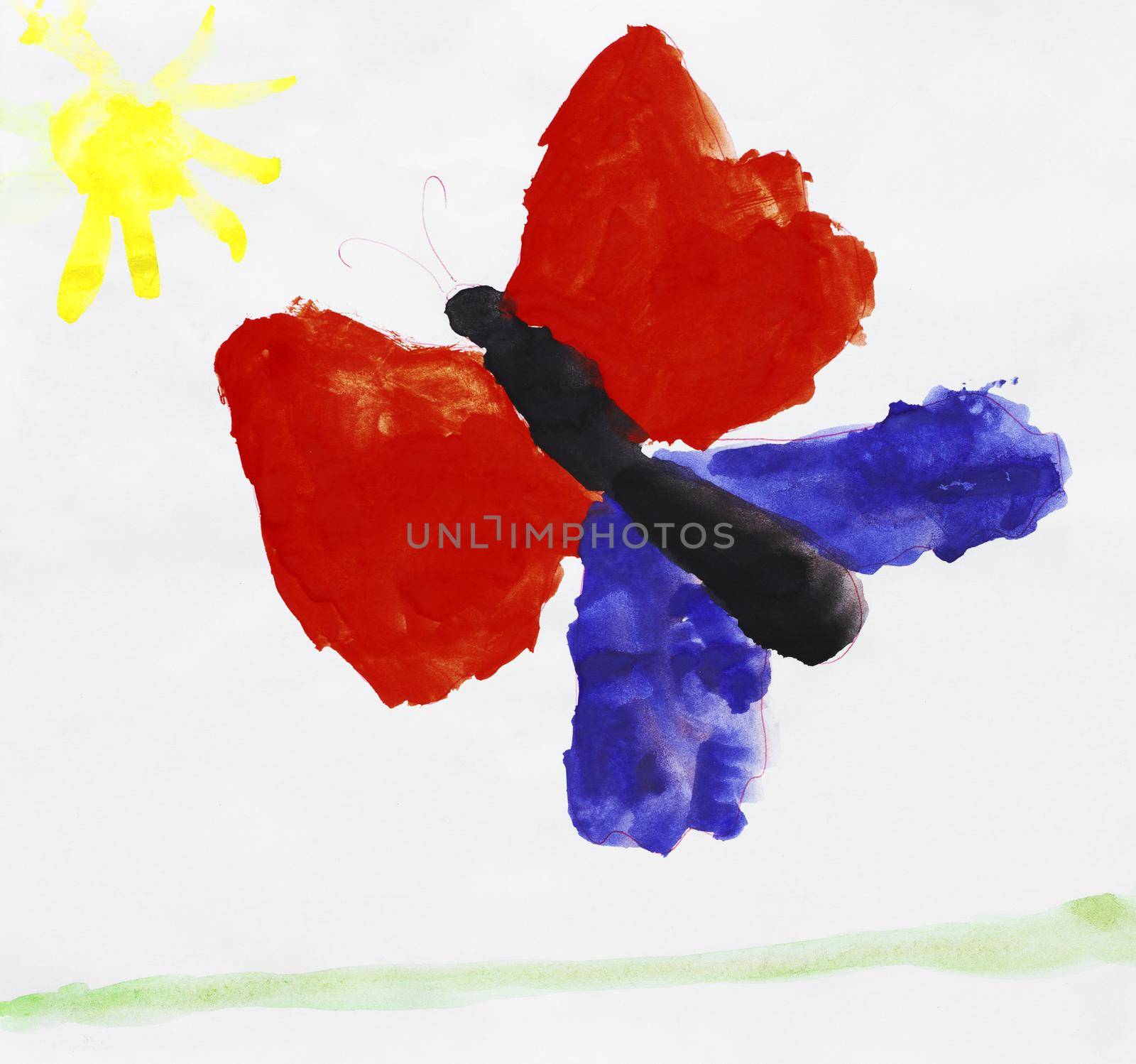 Illustration made by child of butterfly flying to sun on white background