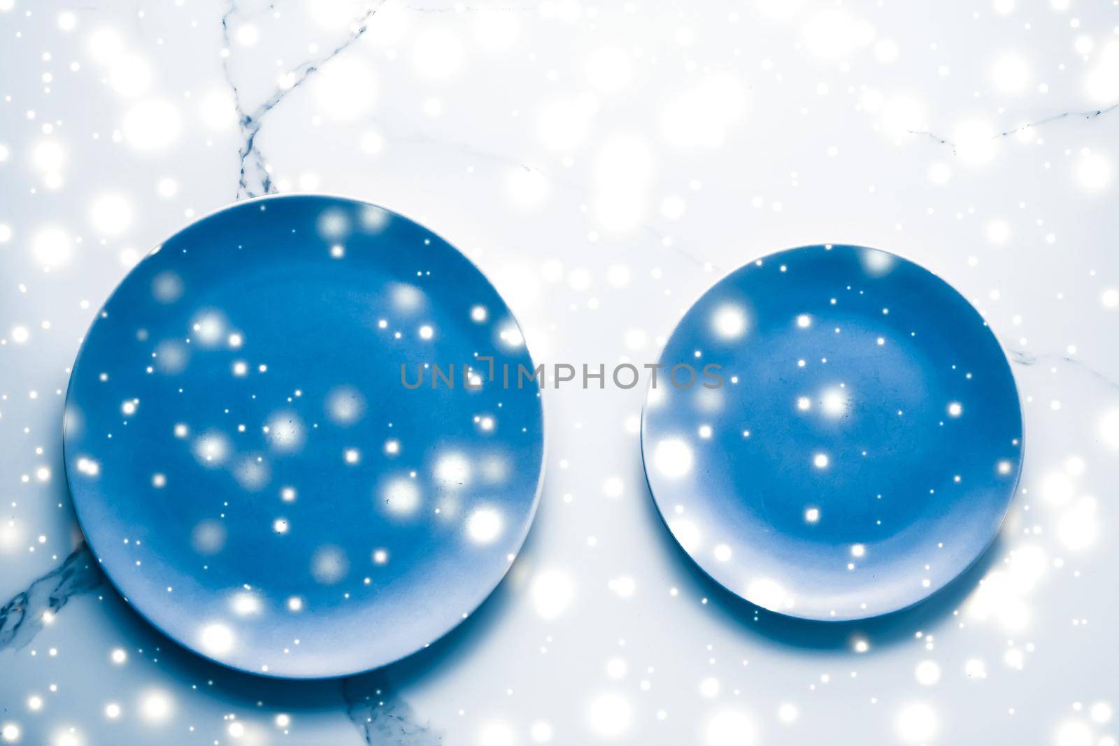 Blue empty plate on marble table flatlay background, tableware decoration for holiday dinner in Christmas time by Anneleven