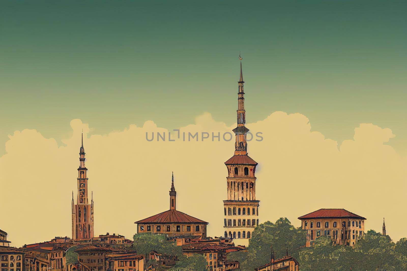 Top view of Turin centre with Mole Antonelliana, Italy.2d style, anime style V1 High quality 2d illustration