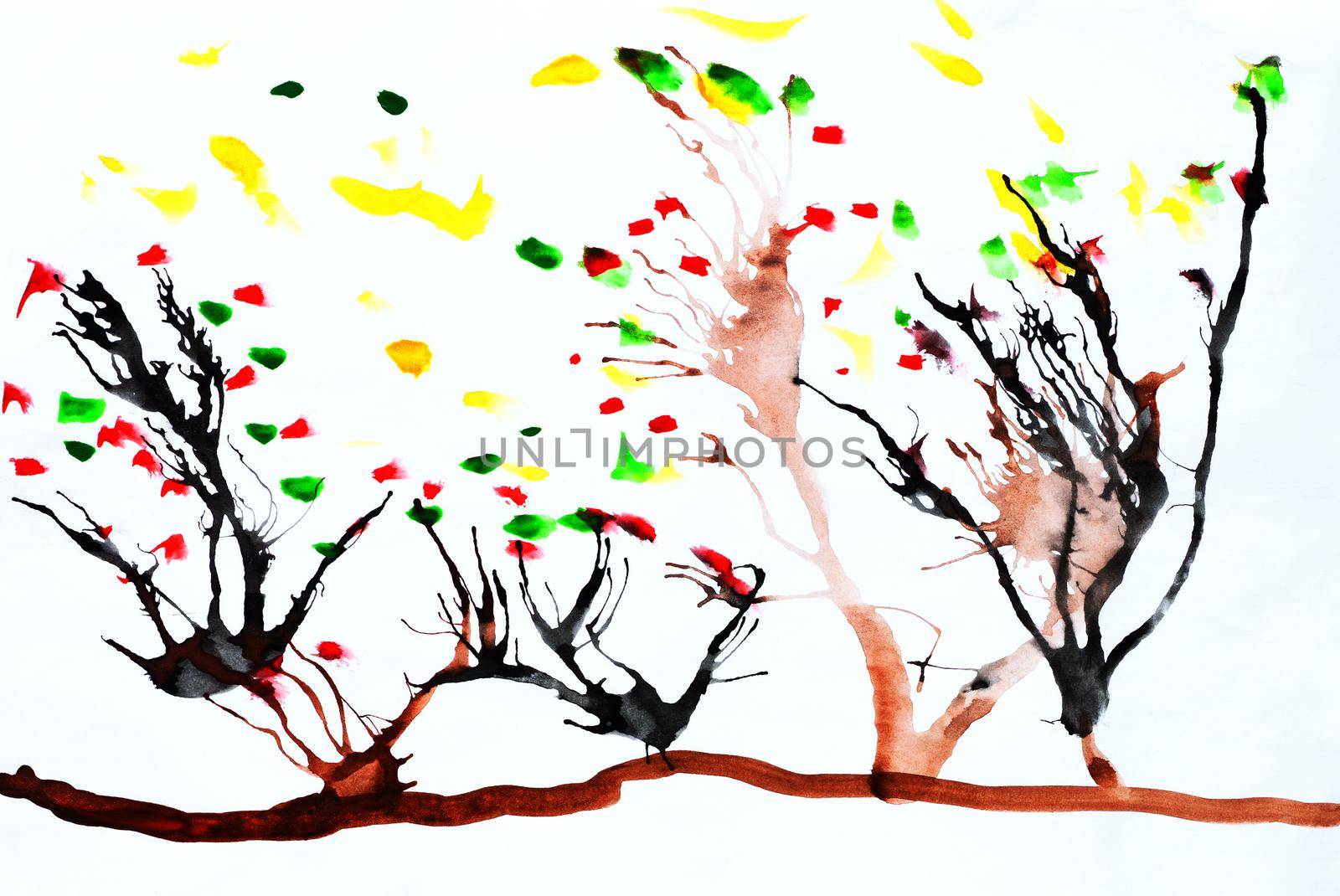 Illustration made by child of trees with swaying branches in wind on white background