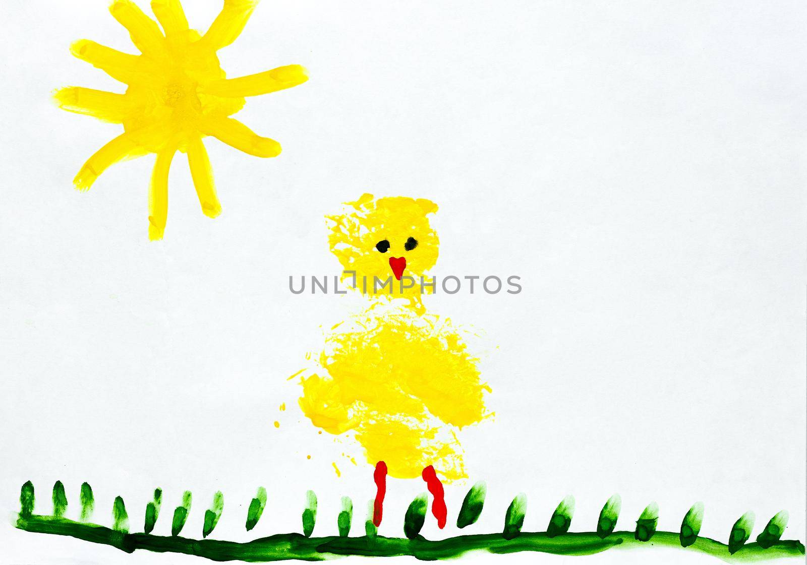 Illustration made by child of chicken on grass under sun on white background