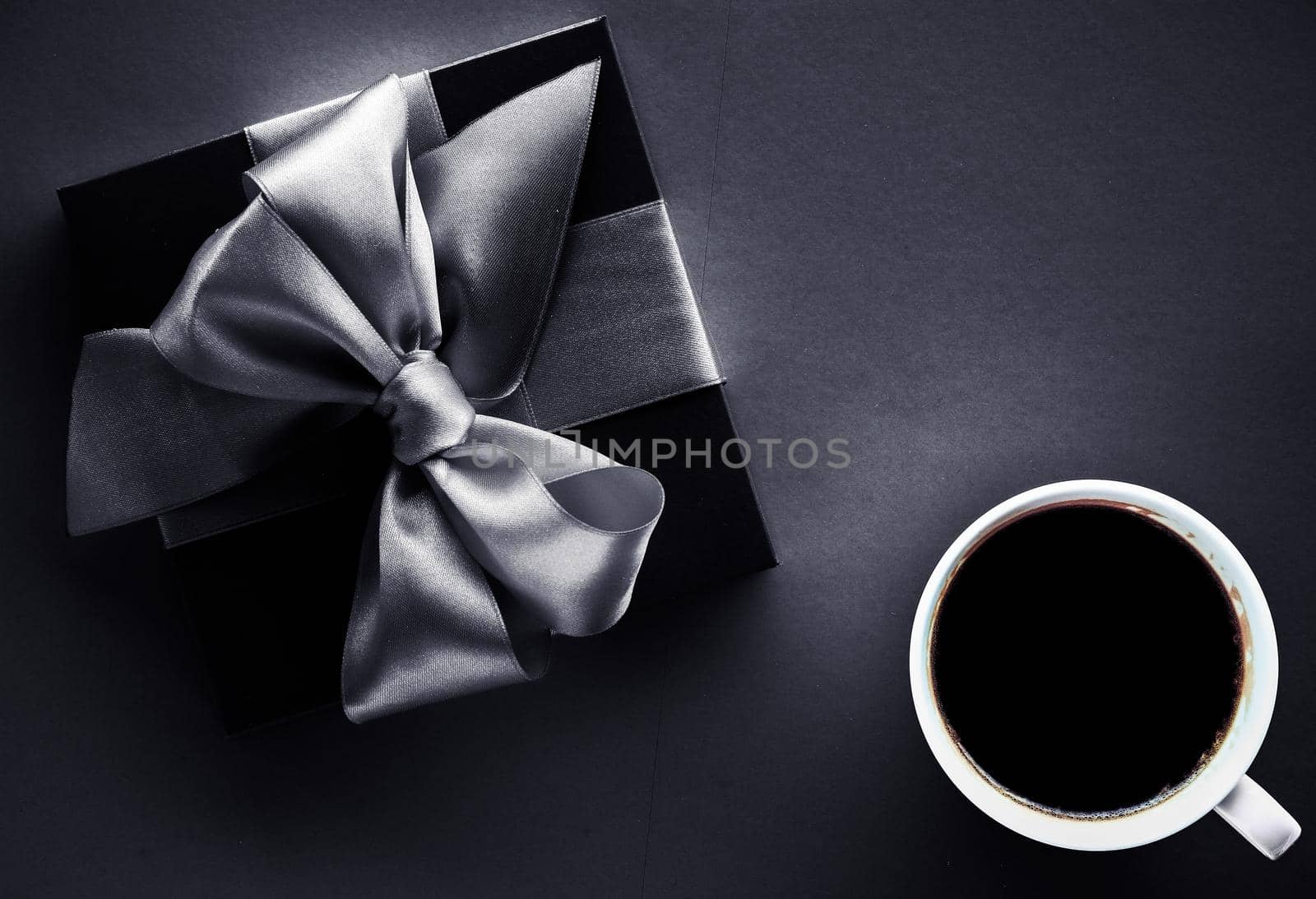 Hot drink, business card design and food branding concept - Luxury coffee brand, cup and gift box on black flatlay background