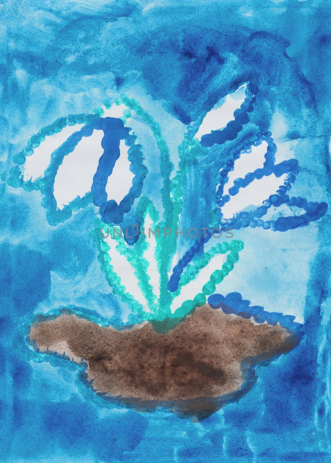 Illustration made by child of painted snowdrop on blue background