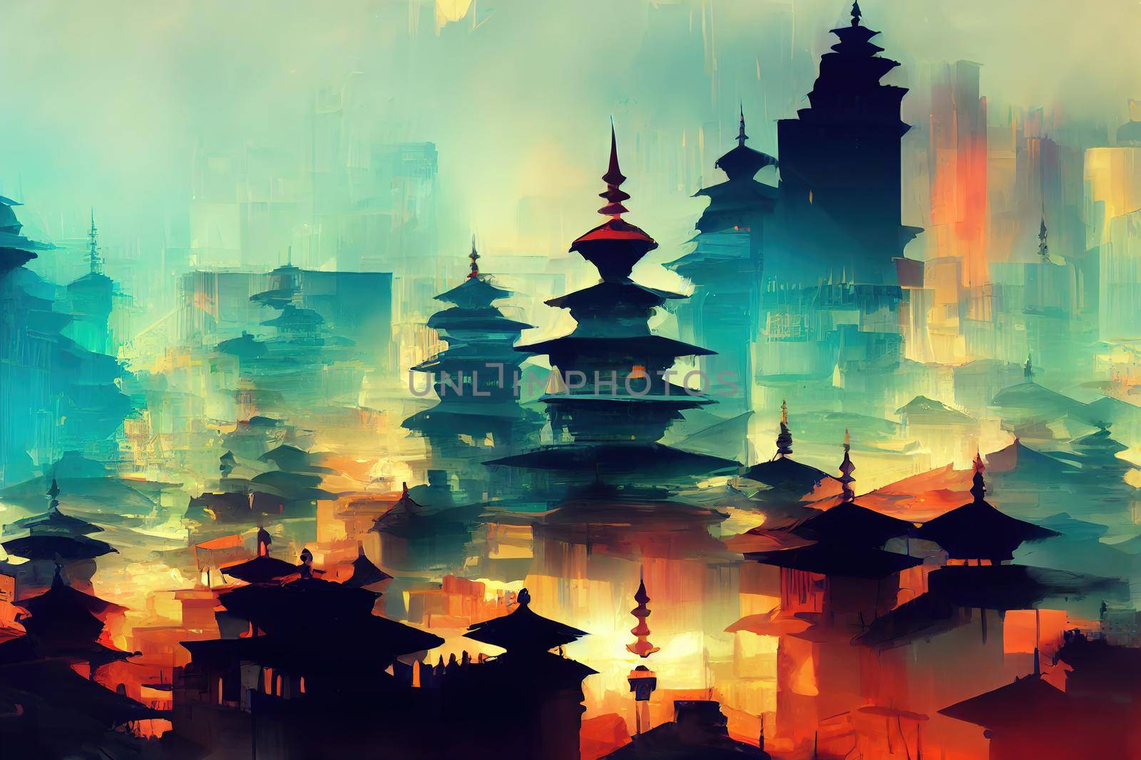 Kathmandu abstract city 2d Anime illustration by 2ragon