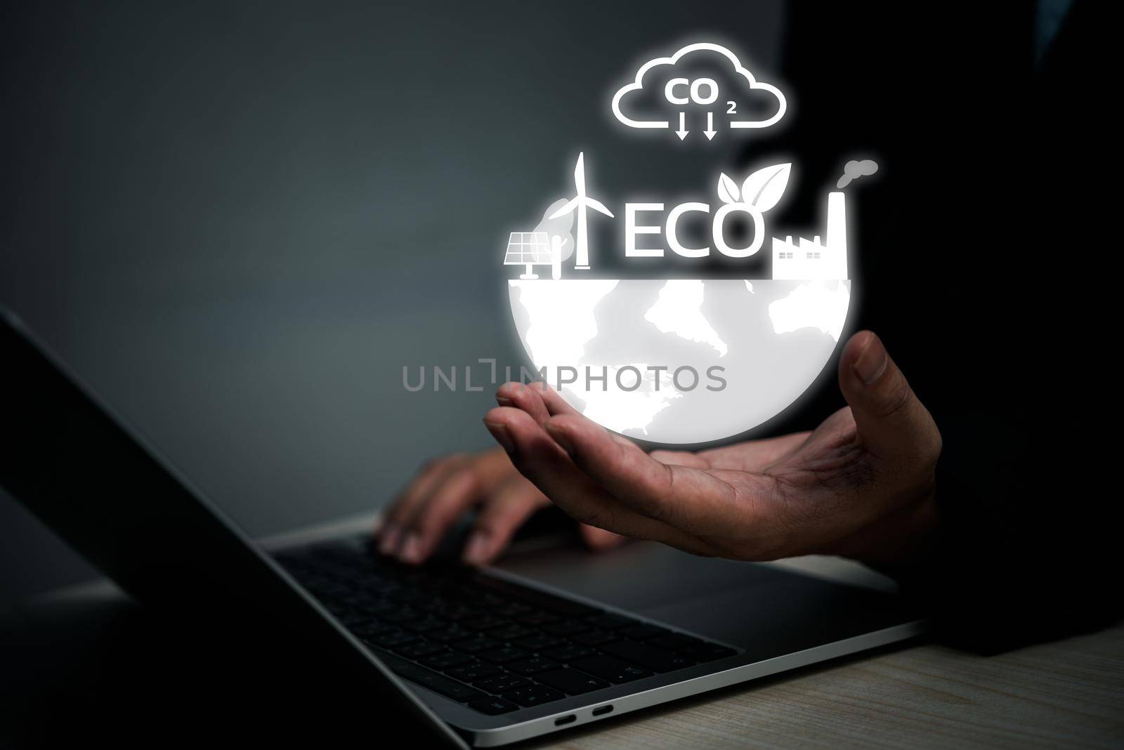 Businessman touching screen virtual icon eco energy sustainable environment digital technology concept. by aoo3771