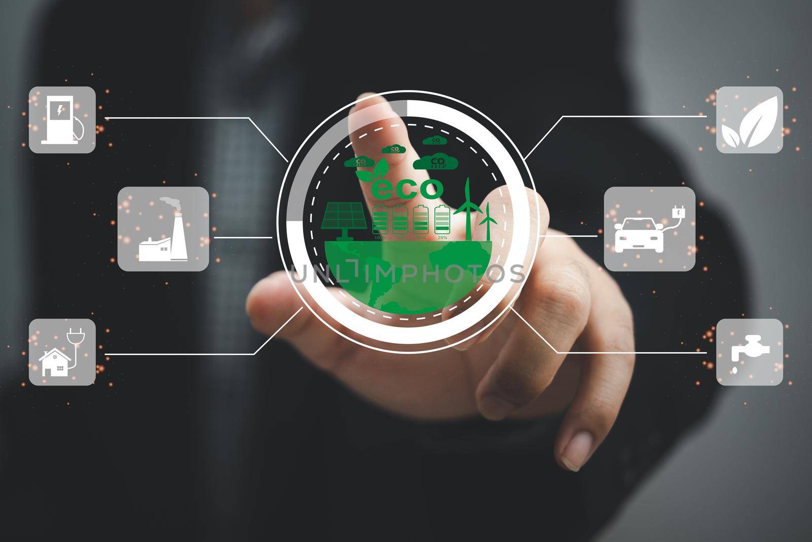 Businessman touching screen virtual icon eco energy sustainable environment digital technology concept. by aoo3771