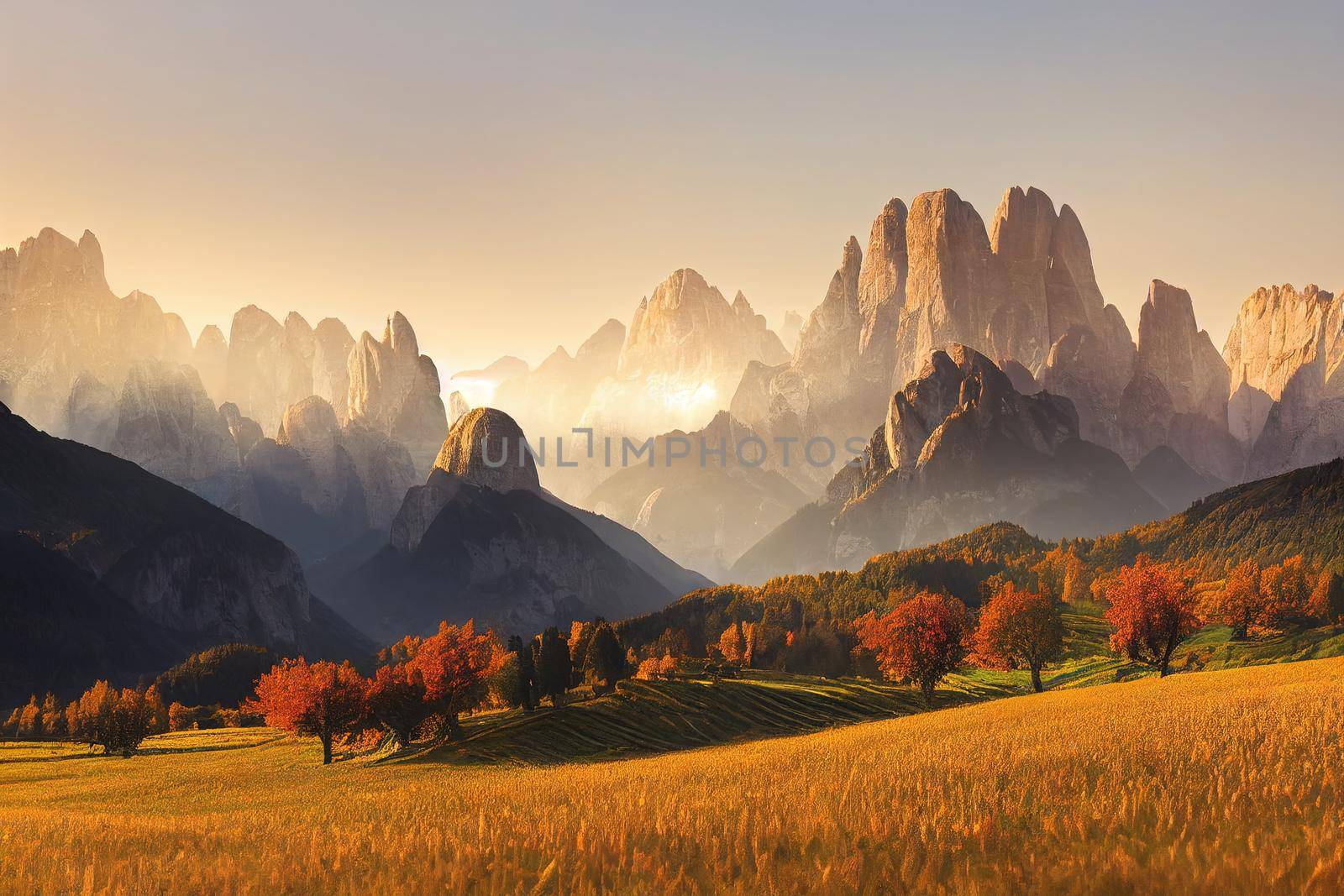 Splendid autumn dawn on Canali valley, Piereni location, Province of Trento, Italy, Europe. Captivating morning scene of Dolomite Alps. Beauty of countryside concept background.2d style, anime style - V1 High quality 2d illustration