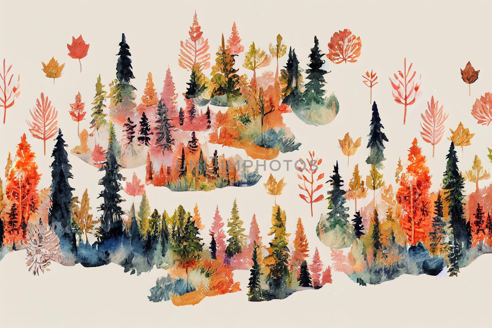 Watercolor forest. Cute seamless pattern. Wolf in the autumn forest. Creative watercolor texture for fabric, wrapping, textile, wallpaper, apparel. Hand drawn illustration.2d style, anime style --ar 1 V1 High quality 2d illustration