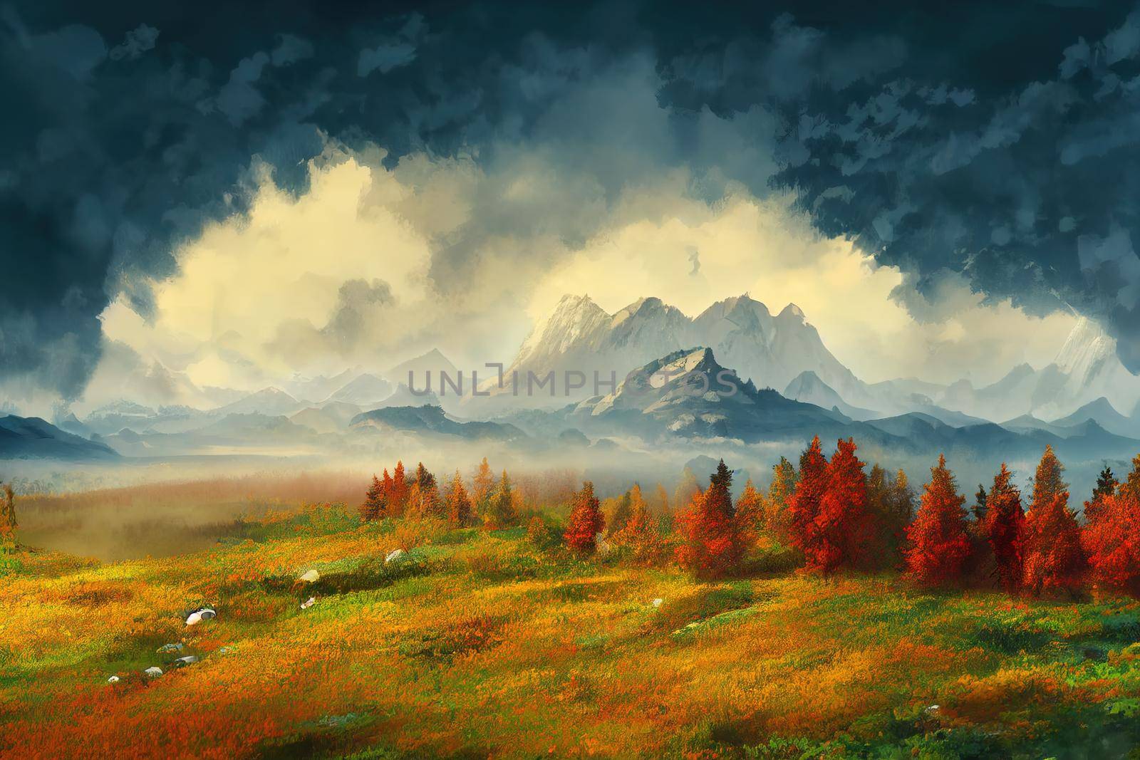 Stormy sky and fog in mountains. Red and yellow autumn northern meadow. Autumn in tundra. Lapland.2d style, anime style V1 High quality 2d illustration