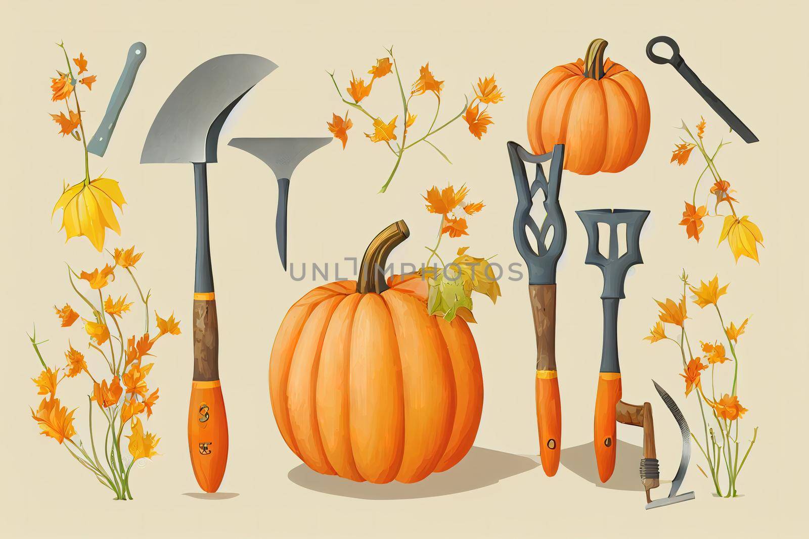 Set of gardening tools, autumn flowers and pumpkins on white background2d style, anime style V1 High quality 2d illustration