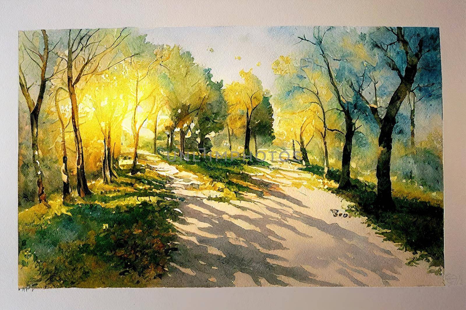 Original artistic modern impressionism hand painting Path sunny footpath road in sunlight park alley forest rural landscape watercolor drawing oil art nature tree artwork2d style, anime style --ar 16 V1 High quality 2d illustration